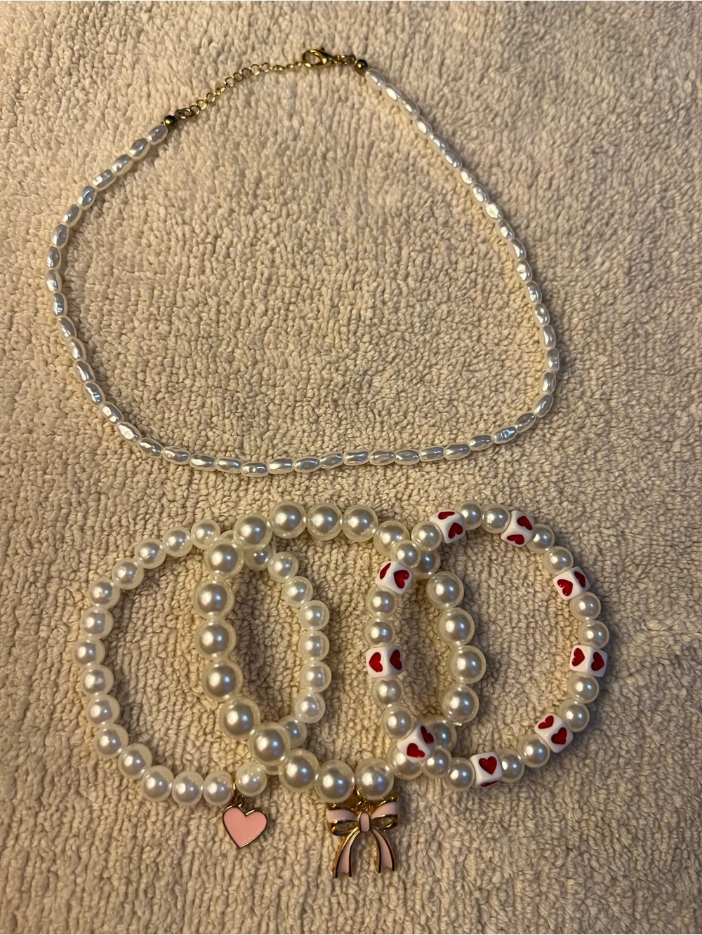 Pearl Bead Necklace and Charm Bracelet Set - White